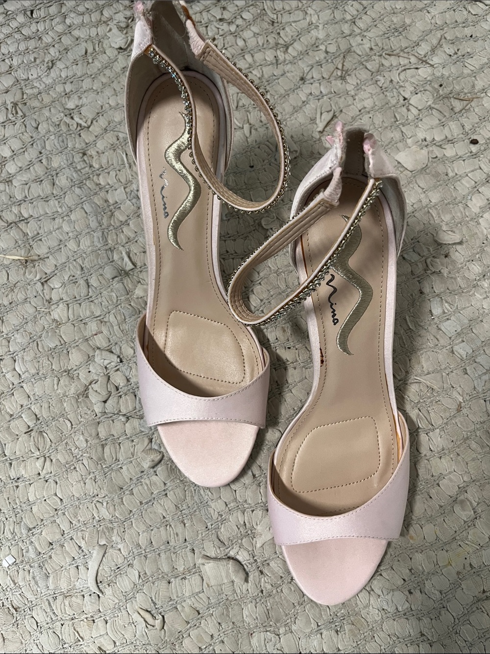Nina Pale Pink Open-Toe Ankle Strap Heels with Rhinestone Detail